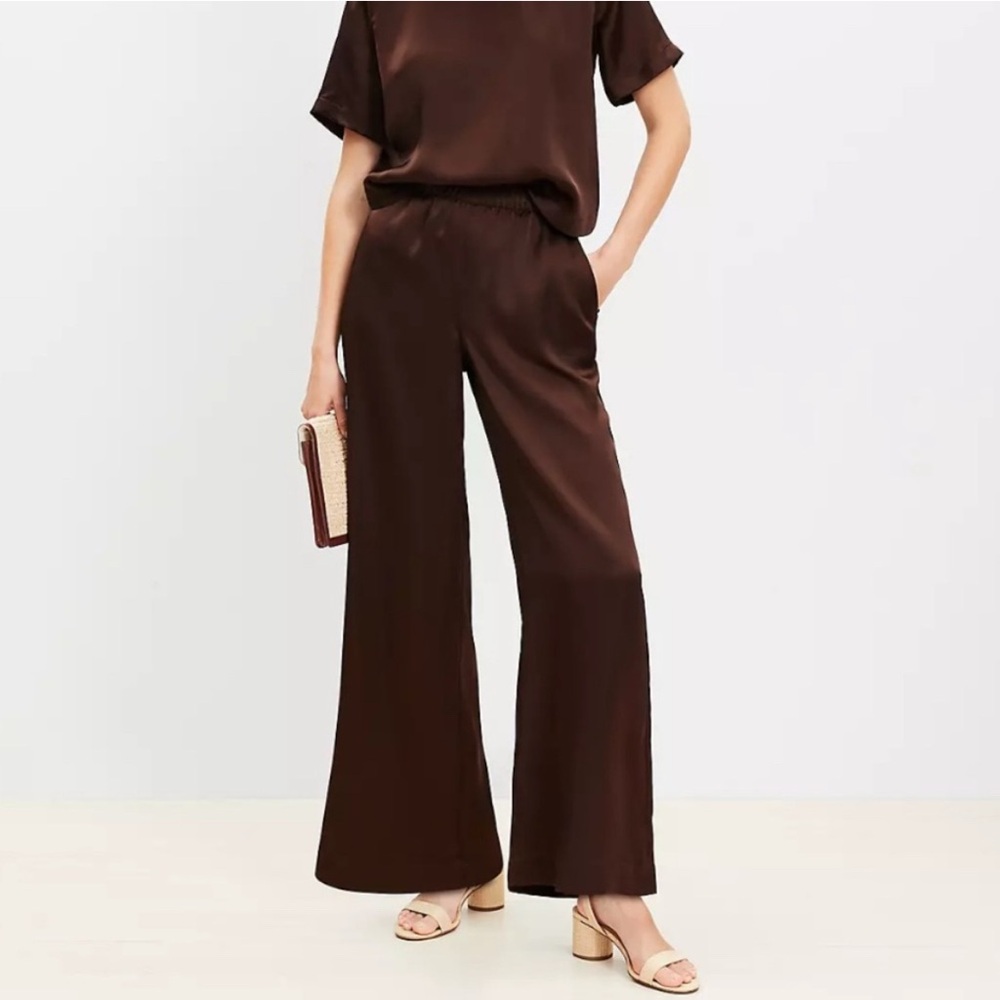 Chocolate Brown Short Sleeve Top and Pants Satin set